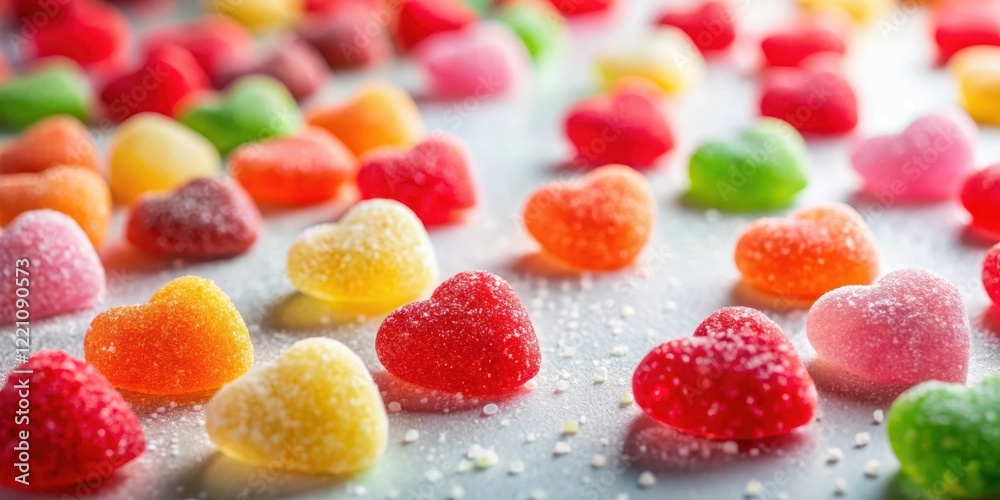 Colorful, sugar-coated candies scattered on a soft, white surface, with lots of little red hearts shining in the light Colorful, sugar-coated candies scattered on a soft, white surface, with lots of little red hearts shining in the light