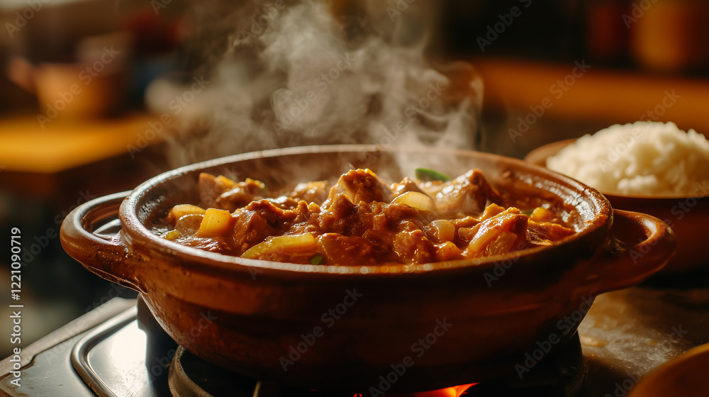 Steamy kare-kare stew with meat and vegetables in a hot clay pot, served with rice