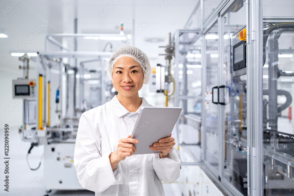 Naklejka premium Japanese engineer standing by highly sophisticated industrial machine producing computer chips and electronic components.