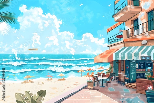 Illustration of Dreamy seaside town where animated waves blend seamlessly with trendy illustrated beachfront shops and cafes. Ai Generate.

