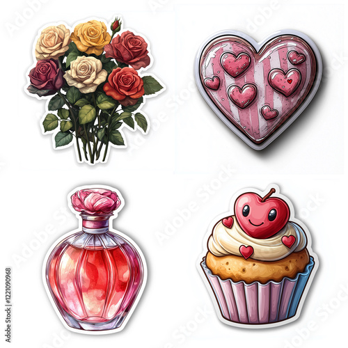 A bouquet of roses, a heart, a bottle of perfume, a cupcake with kerm - four stickers in a romantic style. The concept of holidays and special moments. Design and decor. photo