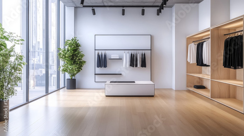 clean modern storefront window displaying collection of clothing, featuring minimalist design elements and natural light. space is inviting and stylish, perfect for showcasing apparel