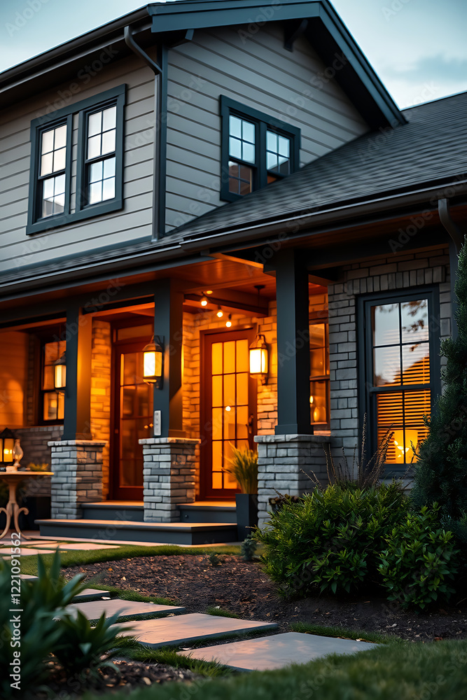 Obraz premium Spectacular Modern Brick House Exterior at Night. Luxurious Home Design, Landscaping, and Warm Lighting Create a Cozy Atmosphere. Real Estate Photography