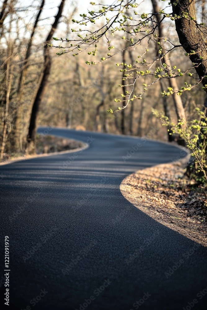 Fototapeta premium Winding Asphalt Road Through Spring Woods
