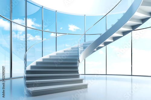 Futuristic glass staircase with business goals at the top  corporate setting  3D illustration 