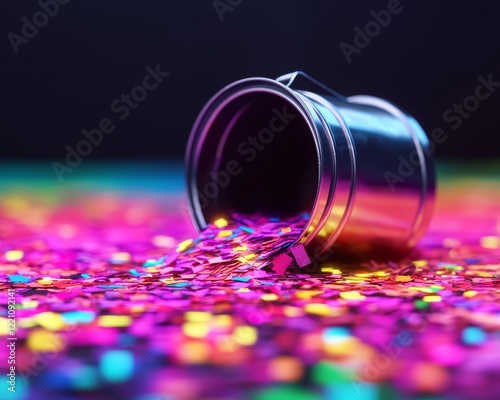 A vibrant scene featuring a metallic bucket spilling colorful glitter, creating a festive and artistic atmosphere. photo