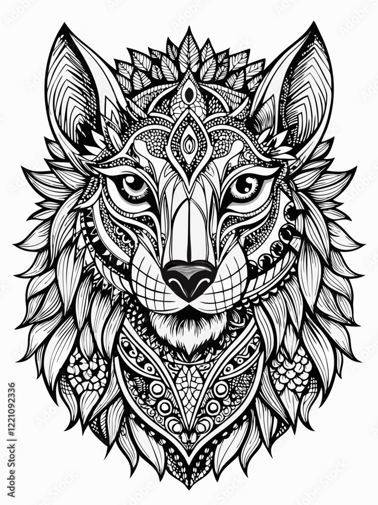 Obraz premium Animal Face Mandala Coloring Page for Adults, black and white, black line art, Isolated on white background