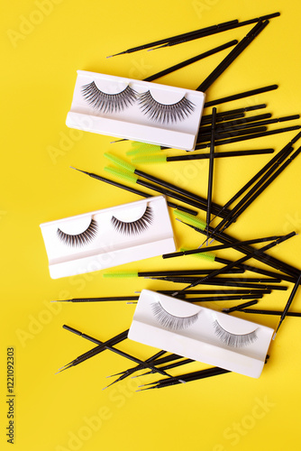 Obraz na płótnie Different tools for eye lash extension on trendy bright yellow background. Fake eyelashes, brushes and clay. Beauty concept, makeup cosmetics. Place for text and design. Banner, flyer w salonie