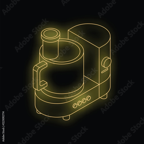 Neon food processor glowing yellow on a black background, perfect for any food related design