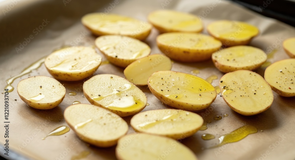 Fototapeta premium Halved potatoes with olive oil and seasoning on parchment paper, ready for roasting