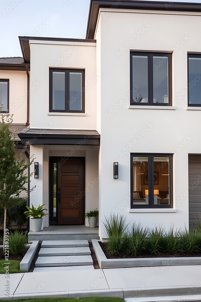 Fototapeta premium Modern White House Exterior: Contemporary Home Design and Architecture