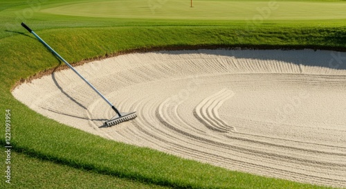Raked golf bunker by green on sunny day