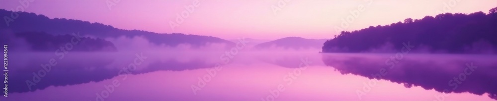 Fototapeta premium Gentle purple mist over a tranquil lake at dawn, light purple mist, natural scenery
