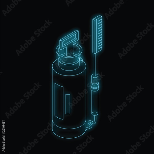 Blue glowing neon line icon of a manual pressure sprayer for gardening isolated on a black background