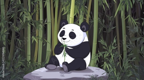 A charming animated panda happily munching on bamboo exudes joy and tranquility amidst a rich, green backdrop of bamboo foliage, representing peace in nature.