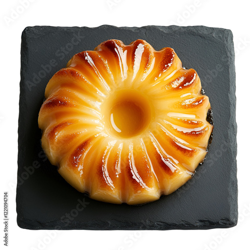 Top view of a delicious looking galaktoboureko with custard on a dark slate dish isolated on a white transparent background photo