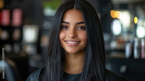 Portrait of young woman with long black hair smiling gently facing the camera
