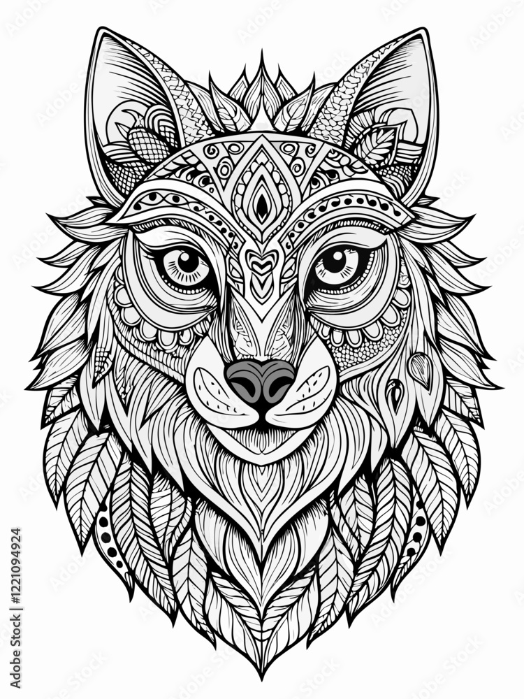 Obraz premium Animal Face Mandala Coloring Page for Adults, black and white, black line art, Isolated on white background