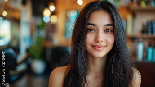 Portrait of young woman with long black hair smiling gently facing the camera