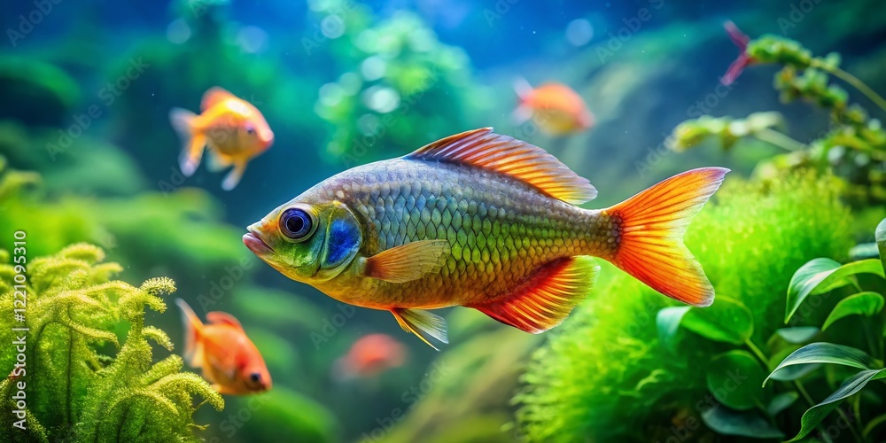 Naklejka premium Vibrant Tropical Fish in Clear Aquarium Water with Green Algae Background