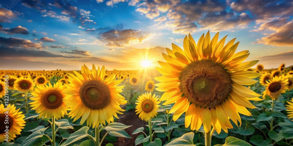 Fototapeta premium A vibrant field of sunflowers bathed in the golden glow of a setting sun, the petals of the flowers catching the last rays of light, creating a breathtaking scene of nature's beauty.