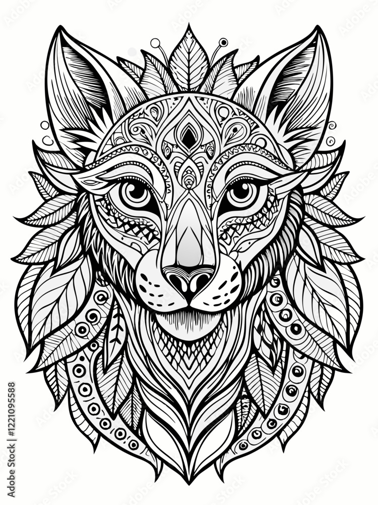 Obraz premium Animal Face Mandala Coloring Page for Adults, black and white, black line art, Isolated on white background