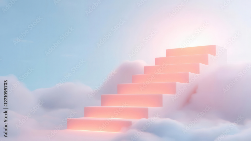 Fototapeta premium Abstract staircase ascending through clouds towards a glowing business icon, 3D illustration,