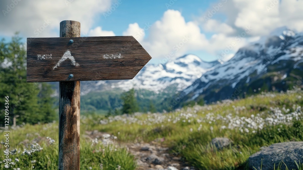 Wooden trail marker points towards mountain campsite Wooden trail marker points towards mountain campsite