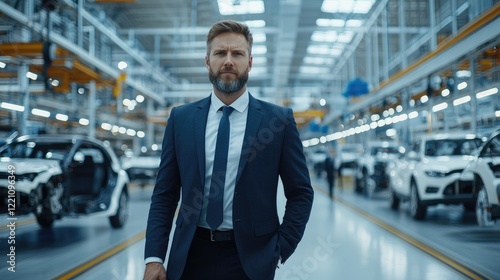 Wallpaper Mural Confident businessman in suit stands in modern car factory assembly line. Torontodigital.ca