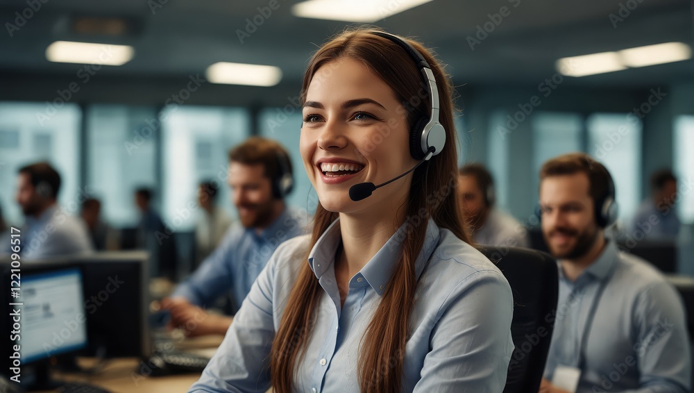 Woman in a modern call center, laughing and confidently managing customer inquiries via headset, representing efficient CRM operations Woman in a modern call center, laughing and confidently managing customer inquiries via headset, representing efficient CRM operations