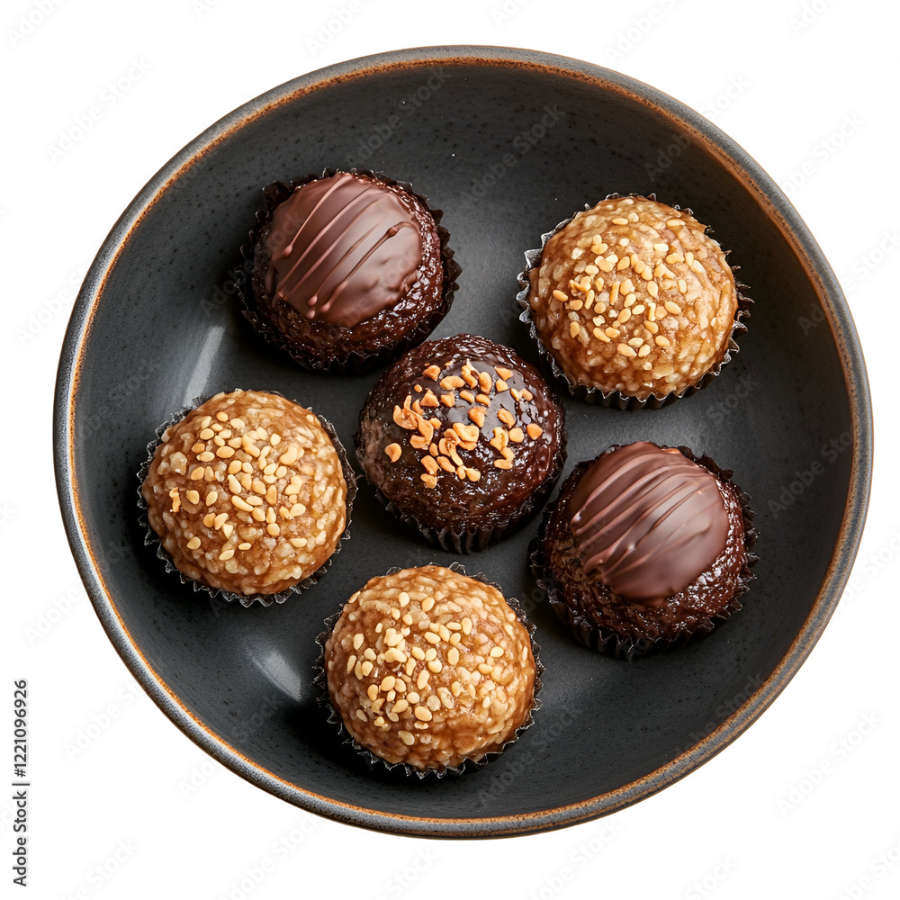Top view of a delicious looking melomakarona with chocolate on a dark ceramic dish isolated on a white transparent background Top view of a delicious looking melomakarona with chocolate on a dark ceramic dish isolated on a white transparent background
