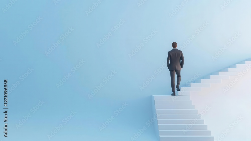 Business leader climbing a staircase with motivational words on each step, 3D illustration, Business leader climbing a staircase with motivational words on each step, 3D illustration,