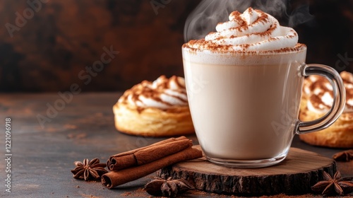 Warm coffee drink topped with whipped cream and cinnamon served alongside baked goods on a rustic table
