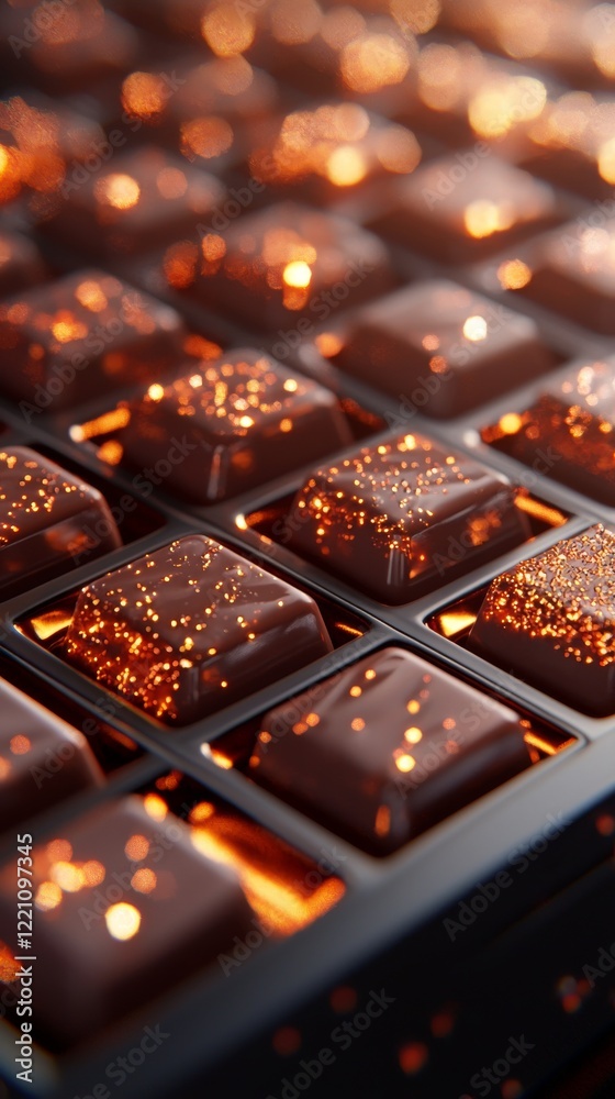 Close-up of luxurious chocolate pieces with shimmering toppings, perfect for dessert enthusiasts and sweet treats lovers. Close-up of luxurious chocolate pieces with shimmering toppings, perfect for dessert enthusiasts and sweet treats lovers.