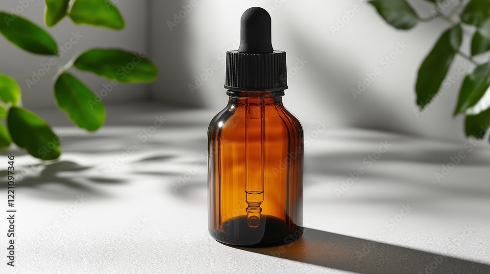 An amber dropper bottle positioned in natural sunlight with soft shadows and greenery in the background, evoking an organic and eco-friendly vibe An amber dropper bottle positioned in natural sunlight with soft shadows and greenery in the background, evoking an organic and eco-friendly vibe
