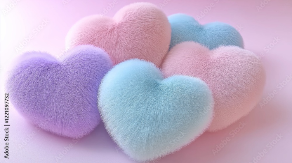 A group of soft, fluffy hearts in various pastel shades, including pink, blue, and lavender, arranged on a light gradient background, exuding warmth and charm A group of soft, fluffy hearts in various pastel shades, including pink, blue, and lavender, arranged on a light gradient background, exuding warmth and charm