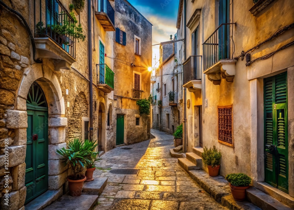 Fototapeta premium Vieste, Apulia, Italy: Sun-Drenched Alleyway - Urban Exploration Stock Photo