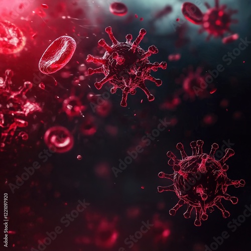 Close-up view of a virus cell amid red blood cells. A 3D rendering illustrating medical research. Viral invasion A microscopic view of a virus infecting a cell. photo