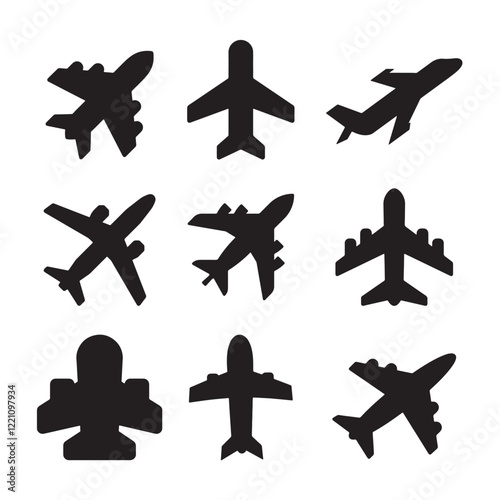 Set of Simple Black Airplane Silhouettes