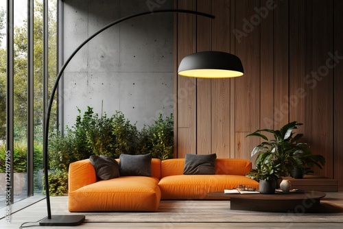 Modern living room with orange sofa, arc lamp and concrete wall featuring wood paneling photo