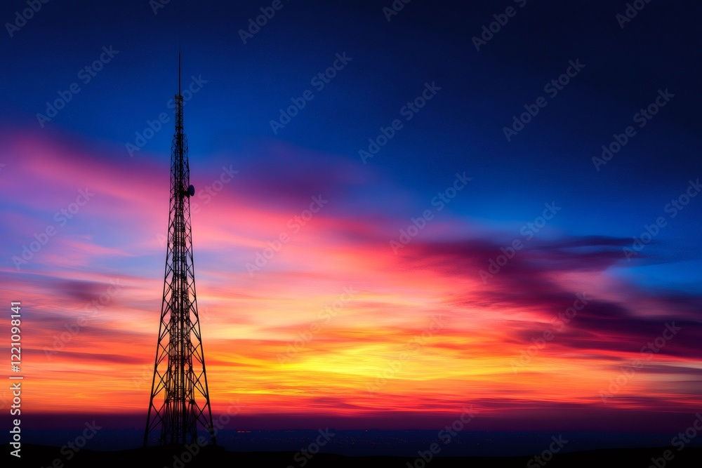 Telecommunication tower standing out against colorful sunset sky Telecommunication tower standing out against colorful sunset sky