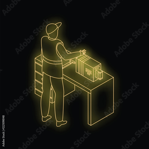 Isometric neon style illustration of a delivery man scanning a package on a desk