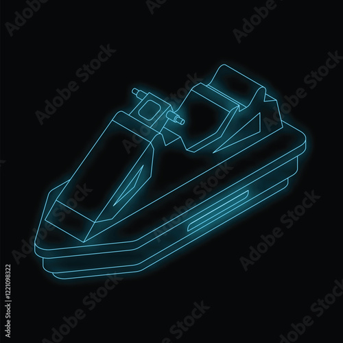 Neon icon of a water scooter glowing blue against a black background