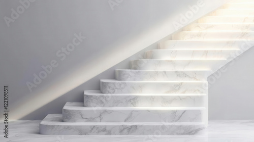 Marble staircase with key business icons on each step, elegant atmosphere, 3D illustration,