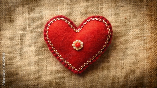 Traditional handmade Red Felt Love Heart with Embroidery in a Primitive Style, vintage inspired, red felt craft