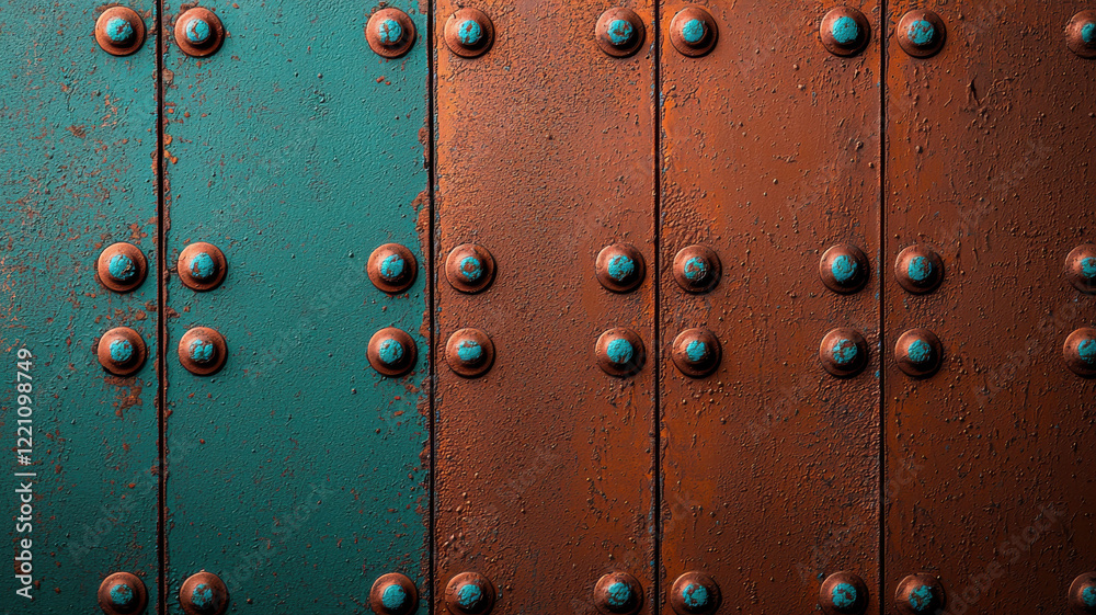 Fototapeta premium Minimalist Rust Textures Background, Close up of textured metal with copper and teal colors, showcasing rivets