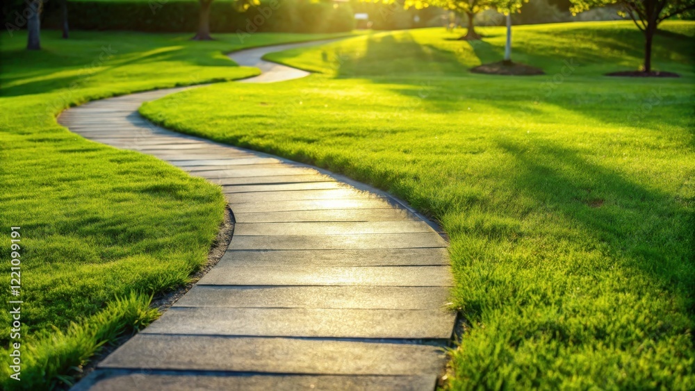 Fototapeta premium A Winding Stone Path Through a Lush Green Meadow Bathed in the Golden Light of the Setting Sun
