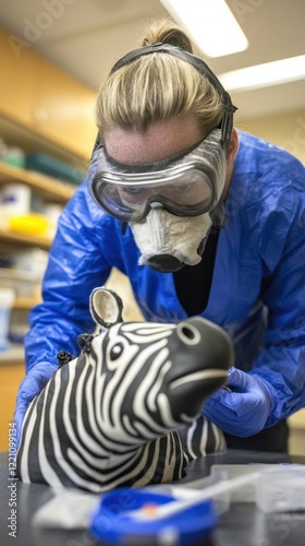 Scientist examines zebra model in laboratory setting wearing protective gear and mask during research activities