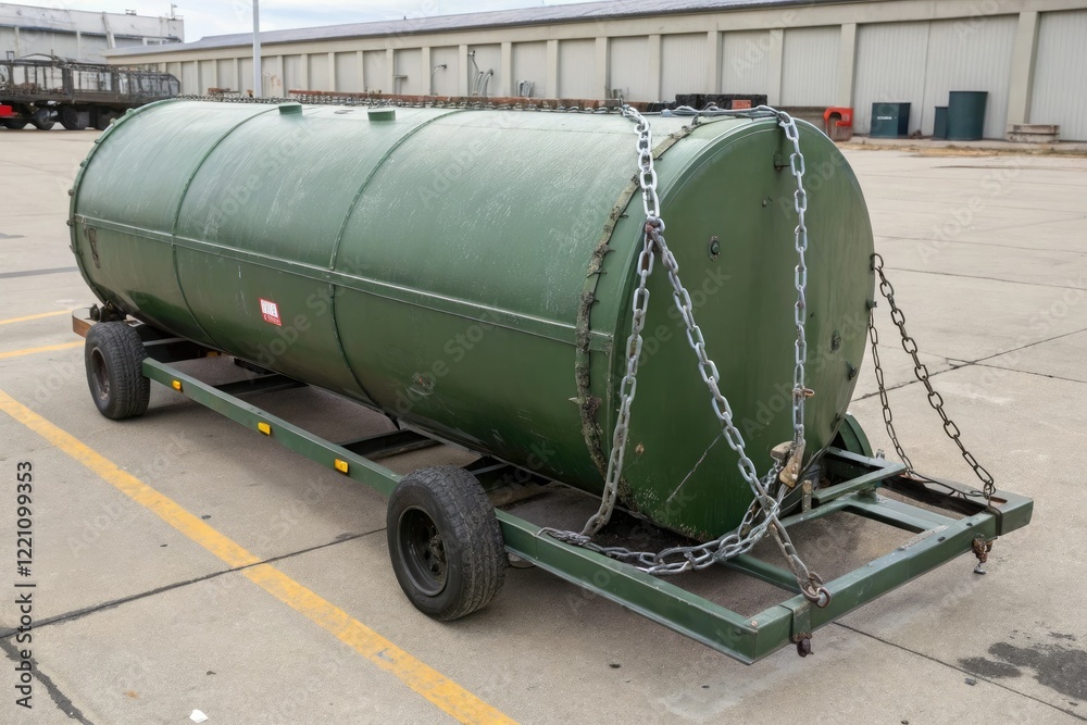 A large metal green storage tank resting on wheels secured by heavy chains and anchor points, manufacturing process, industrial landscape A large metal green storage tank resting on wheels secured by heavy chains and anchor points, manufacturing process, industrial landscape