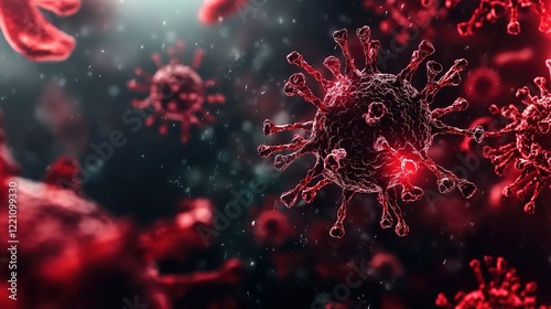 Close-up view of a virus cell amid red blood cells. A 3D rendering illustrating medical research. Viral invasion A microscopic view of a virus infecting a cell. photo